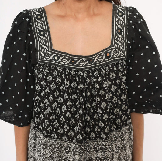 90s Ramona Rull Black Floral Midi Dress Square Neck Puff Sleeve Cotton Extra Large