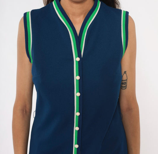 70s Toni Todd Navy Shift Dress Sleeveless V-Neck Striped Trim Small