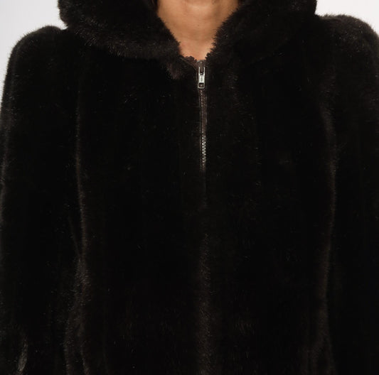 80s Outerlayers Faux Fur Hooded Jacket Dark Brown Zip Coat Medium