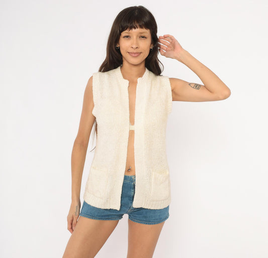 80s Moneta Cream Knit Sweater Vest Patch Pocket Cardigan Small