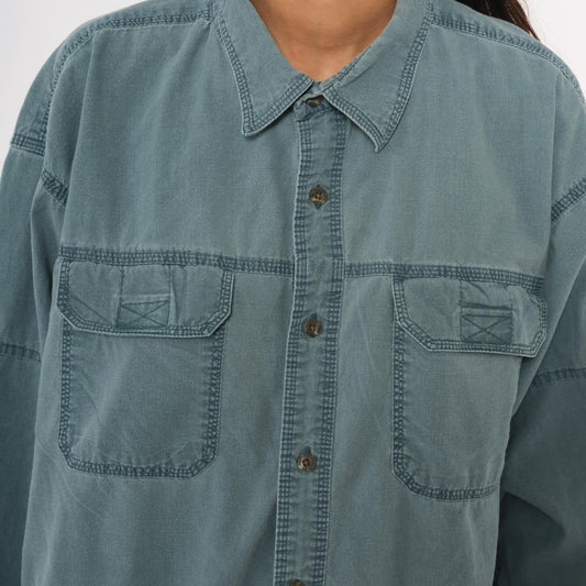2000s Redhead Slate Blue Cotton Work Shirt Pointed Collar Chest Pockets Extra Large XL
