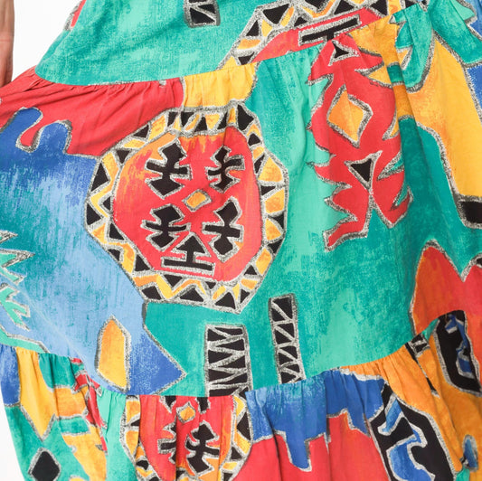 90s Tribal Print Maxi Skirt Teal Red Yellow Blue Tiered Cotton One Size