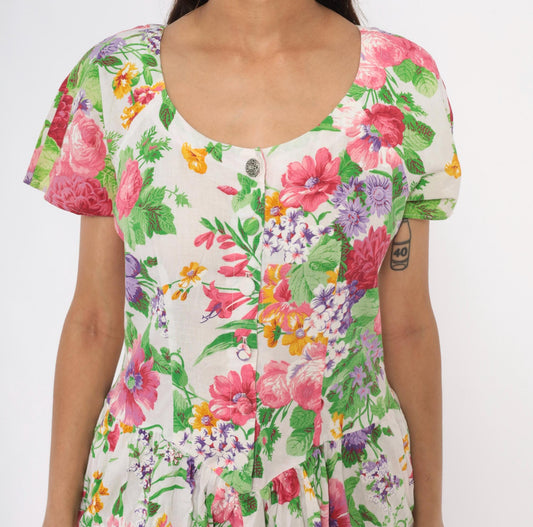 80s Dawn Joy Fashions Floral Midi Dress Cotton Pink Rose Garden Print Medium