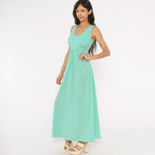 70s Mint Green Sleeveless Maxi Dress Empire Waist A-Line Medium