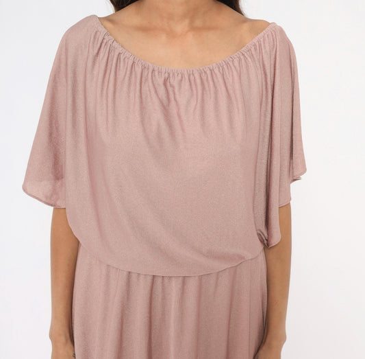 70s The Dress Mauve Tiered Midi Dress Flutter Sleeve Cold Shoulder Medium