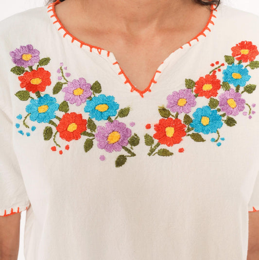 90s White Cotton Peasant Blouse Hand-Embroidered Floral V-Neck Medium M