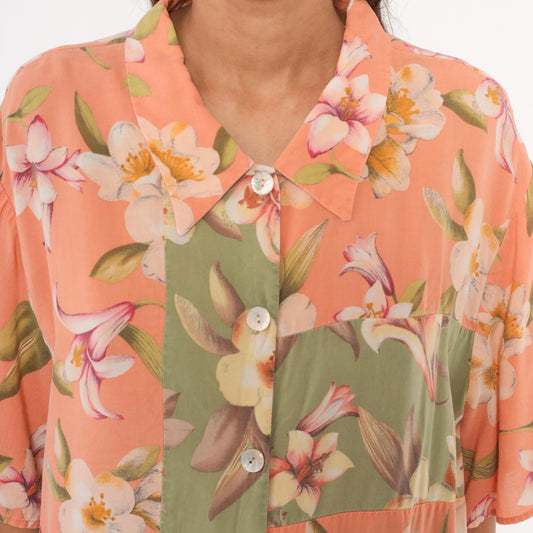 90s Ora Hawaiian Shirt Tropical Lily Floral Peach Olive Colorblock Plus Size XXL