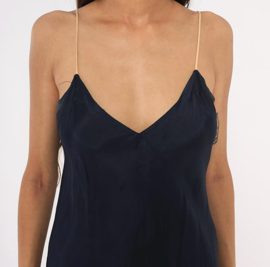 70s Navy Slip Dress Midi V-Neck Spaghetti Strap Acetate Small