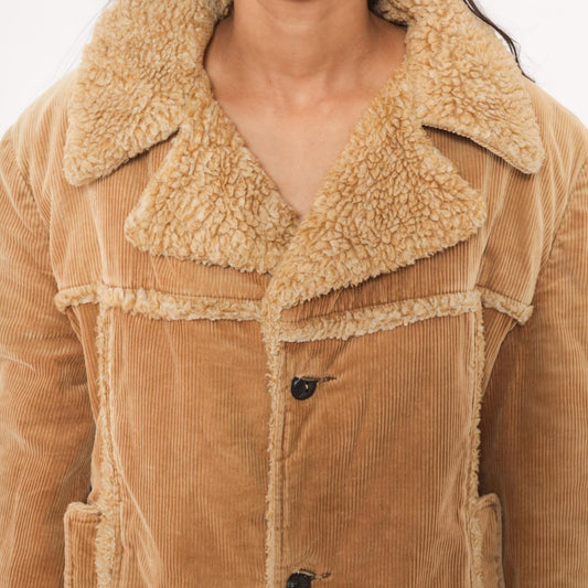 70s JCPenney Tan Corduroy Sherpa Coat Button Front Jacket Medium M