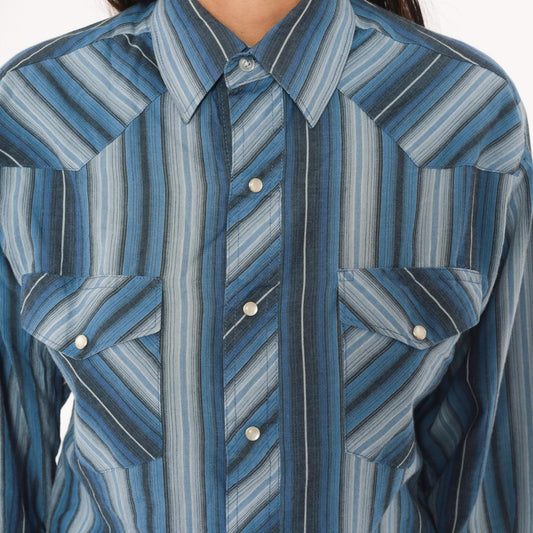 90s Wrangler Western Shirt Blue Striped Pearl Snap Pointed Collar Small S