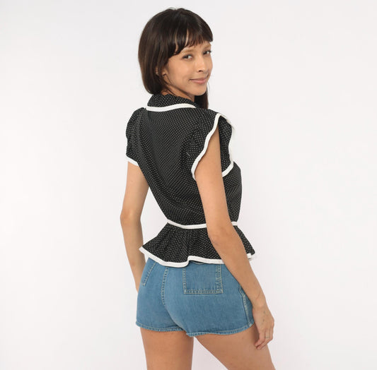 70s Caron Black White Polka Dot Peplum Blouse Flutter Sleeve Small