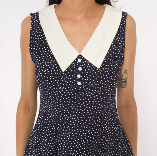 80s All That Jazz Navy Polka Dot Mini Dress White Collar Sleeveless Small
