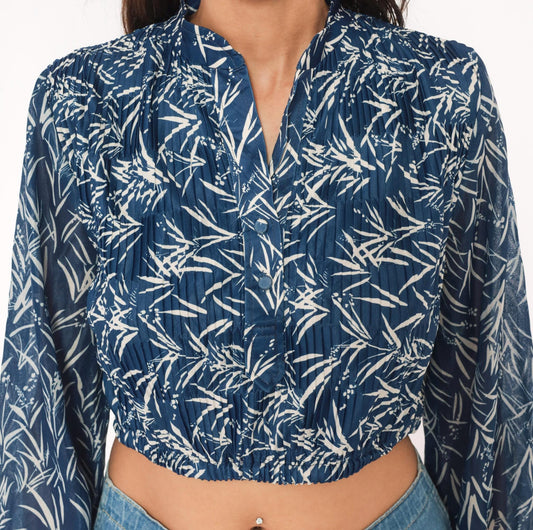 80s Liz Roberts Bamboo Leaf Crop Blouse Navy Mandarin Collar Balloon Sleeve Medium