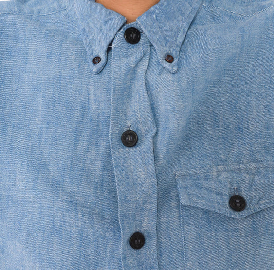70s Blue Chambray Button Down Shirt Anchor Buttons Cotton Work Wear Medium
