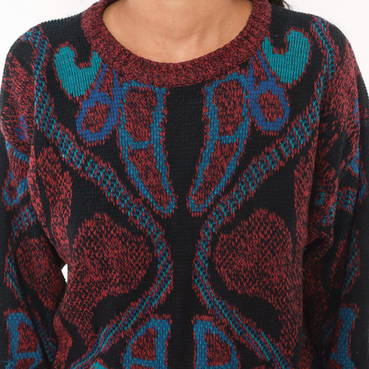 80s City Streets Abstract Knit Sweater Burgundy Teal Intarsia Medium