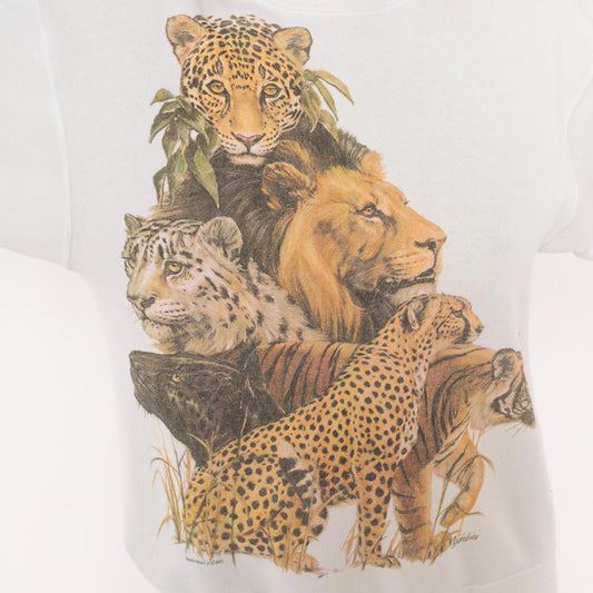 90s Big Cats Wildlife Sweatshirt Lion Leopard Tiger Cheetah White Cotton Medium
