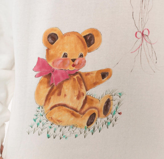 90s Hand-Painted Teddy Bear Sweatshirt White Pink Balloons Raglan Extra Large XL
