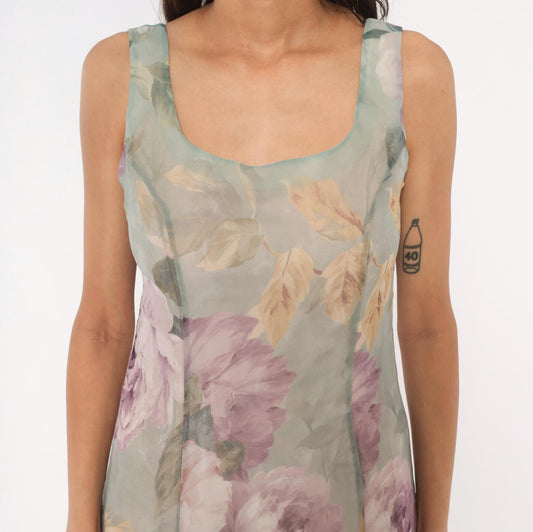 90s Hampton Nites Floral Maxi Dress Sage Pink Chiffon Sleeveless Medium M