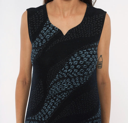 90s Black Blue Leopard Stripe Maxi Dress Sleeveless V Neck Extra Large XL