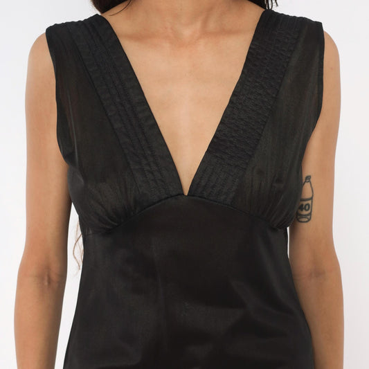 90s Black Sheer Maxi Slip Dress Deep V Neck Empire Waist Medium
