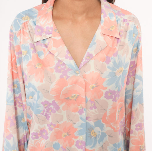 80s The Fire Islander Woman Floral Button Blouse Coral Periwinkle Large L