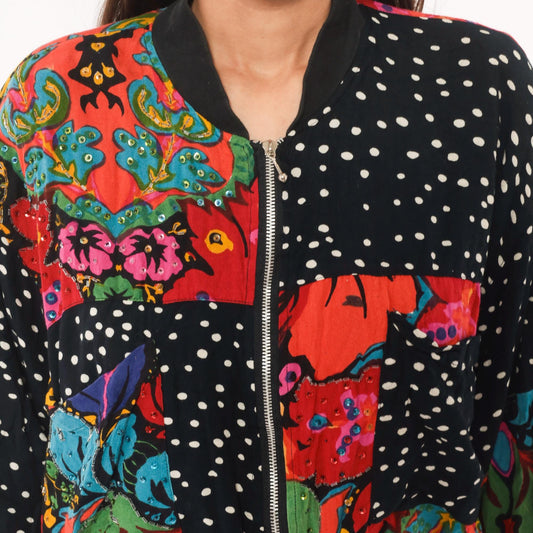 90s Tarazzia Patchwork Bomber Jacket Sequin Polka Dot Floral Small