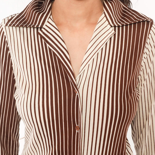 70s Sears Striped Button Front Blouse Brown Cream Pointed Collar Medium
