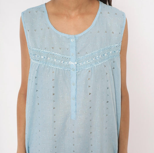 80s Lali Fashion Sky Blue Eyelet Nightgown Babydoll Sleeveless Large L