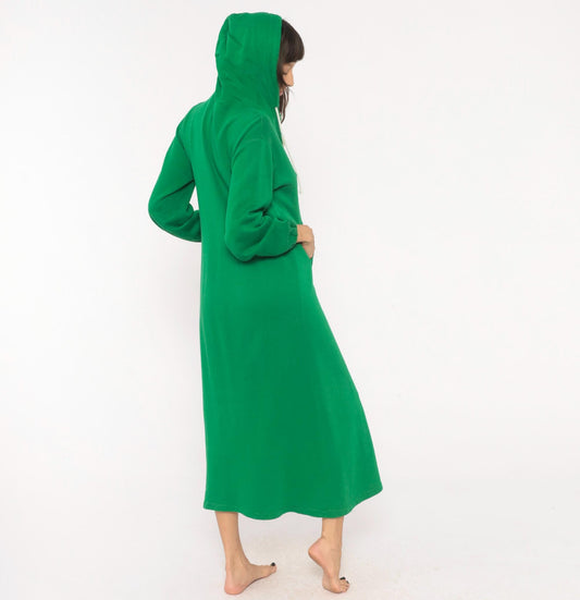 80s Sportwear Emerald Green Hooded Maxi Dress Half-Zip Balloon Sleeve Medium