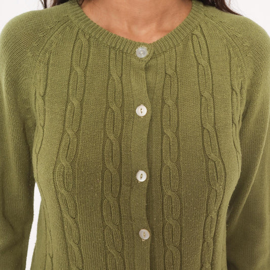 80s Olive Cable Knit Cardigan Crew Neck Button Front Raglan Sleeve Extra Small
