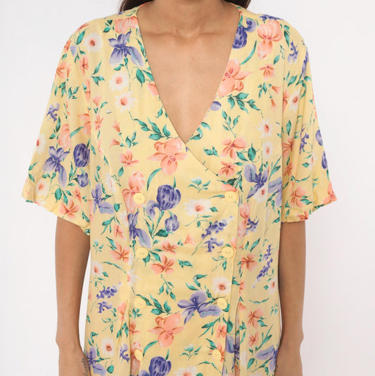 90s Jamie Brooke Floral Button Front Romper Yellow Garden Print Plus Size XXL