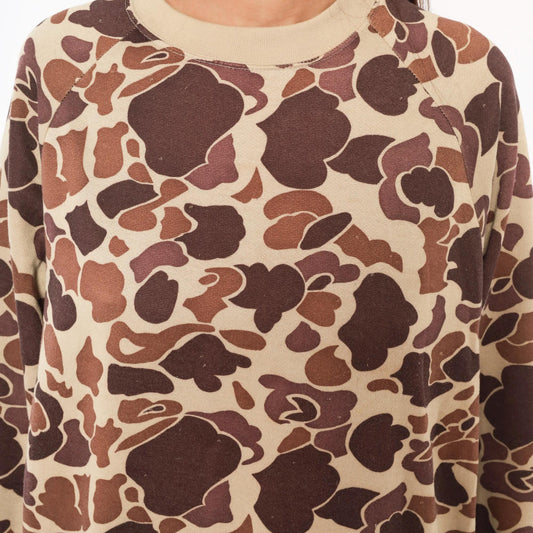 80s Duck Bay Camo Crewneck Sweatshirt Tan Brown Raglan Extra Large XL