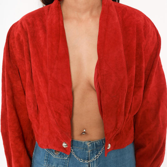 80s Wilsons Red Suede Cropped Jacket Dolman Sleeve Shawl Collar Large L