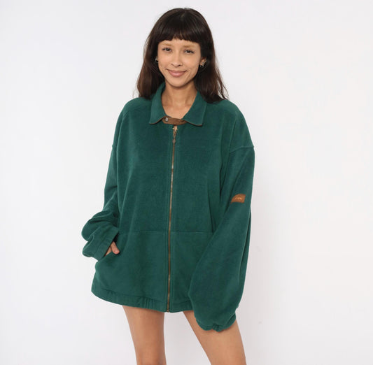 90s Keystone Forest Green Full Zip Fleece Jacket Brown Leather Trim Large L