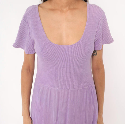 90s Basement Lavender Waffle Knit Maxi Dress Flutter Sleeve Scoop Neck One Size