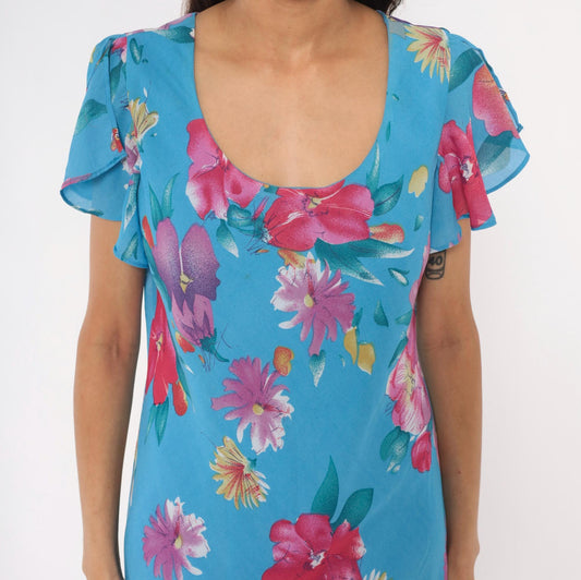 90s Southern Expressions Floral Midi Dress Sky Blue Flutter Sleeve Extra Large