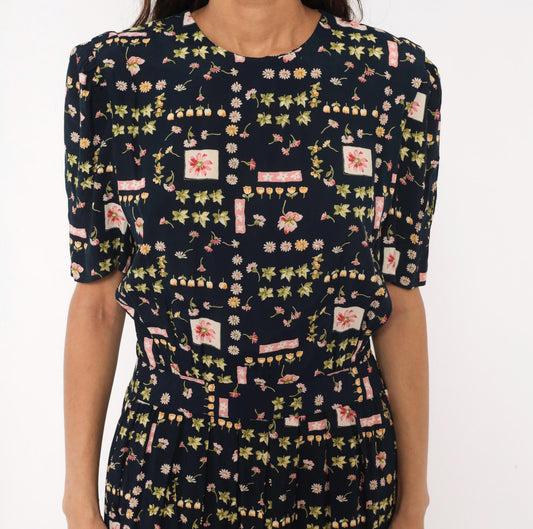 90s Karin Stevens Botanical Midi Dress Navy Floral Puff Sleeve Medium M