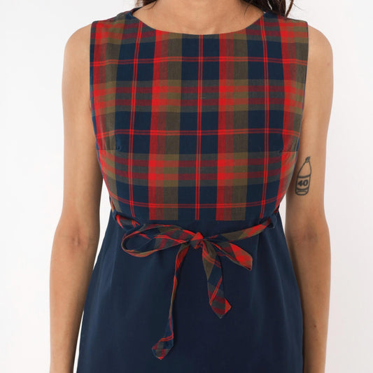 60s College Town Boston Plaid Mini Dress Navy Red Tartan Shift Tie Waist Extra Small XS