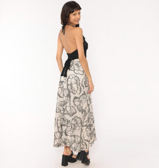 70s Mikey Jrs Crochet Halter Maxi Dress Black Grey Floral Metallic Open Back Extra Small XS