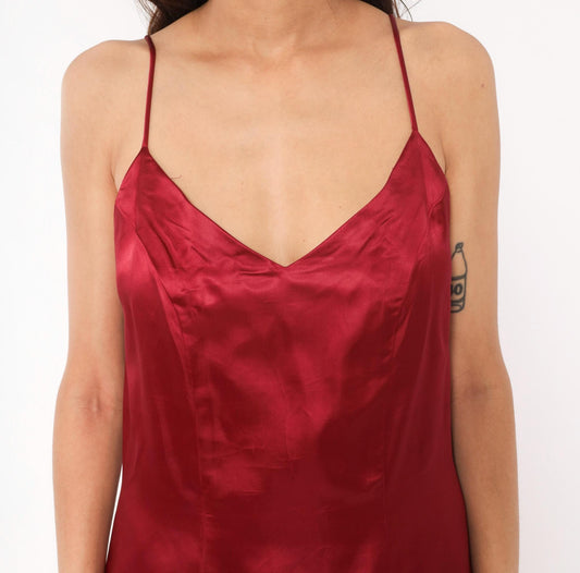 80s Burgundy Satin Slip Dress Mermaid Lace Hem V Neck Low Back Large L