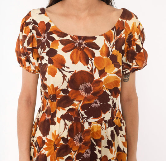 70s Floral Maxi Dress Brown Puff Sleeve Empire Waist Cotton Large L