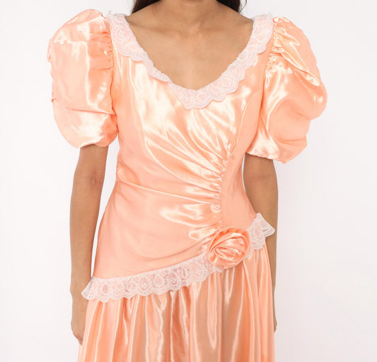 80s Peach Satin Prom Gown Puff Sleeve V Neck Drop Waist Rosette Medium