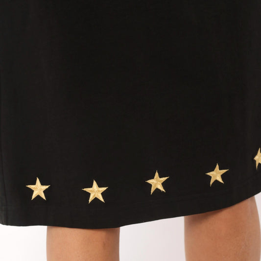 90s Quacker Factory Black Midi Skirt Gold Star Embroidered Medium M