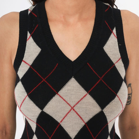2000s Express Argyle Sweater Vest V-Neck Black Grey Red Diamond Knit XS