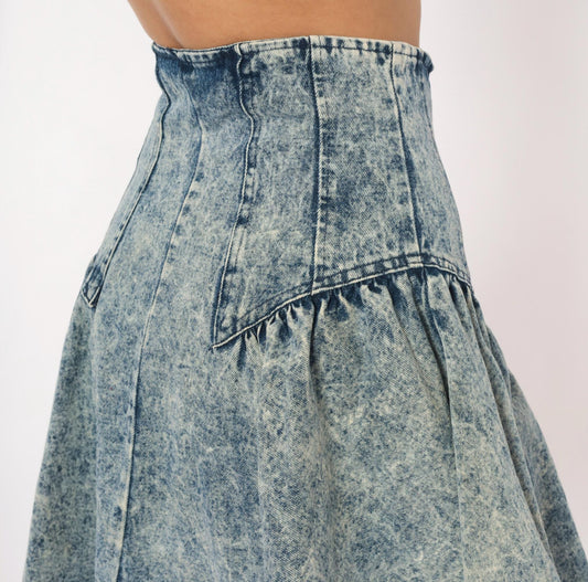 90s Weathered Blues Acid Wash Denim Skirt High Waist A-Line Small S