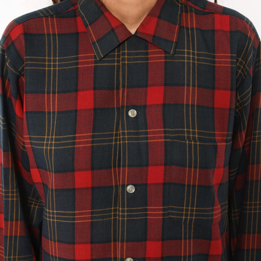 60s Arrow Plaid Wool Shirt Burgundy Navy Pointed Collar Button-Up Medium