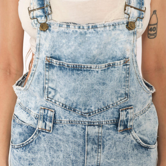 90s Weathered Blues Acid Wash Denim Shortalls Light Blue Cotton Small S