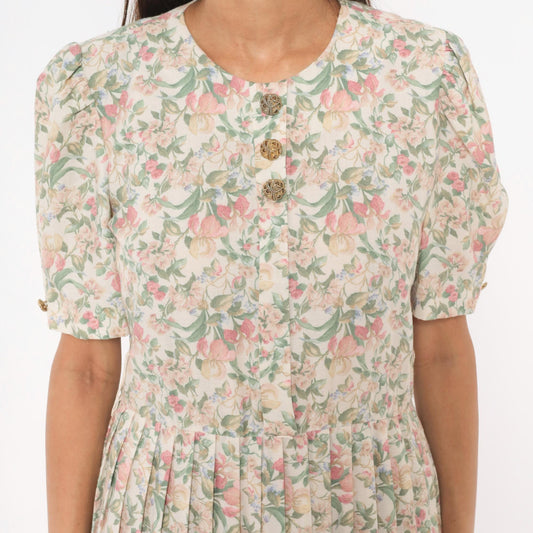 80s Jenny Petites Floral Puff Sleeve Dress Cream Pink Sage Small