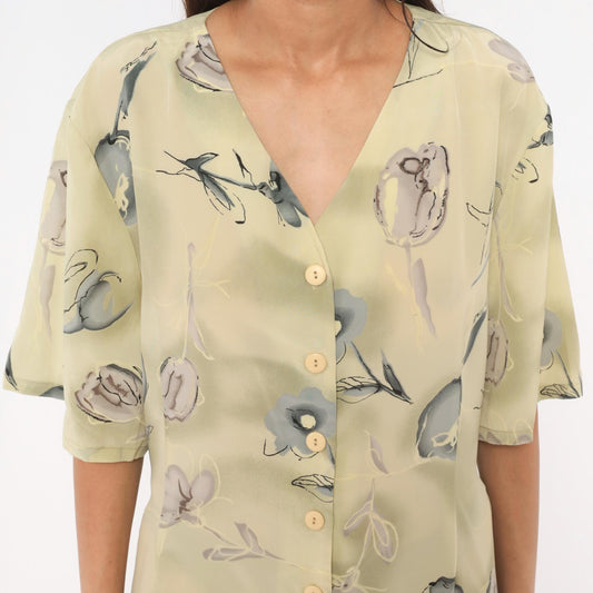 90s Voir Floral Button Front Midi Dress Olive Watercolor Print Plus Size XXL