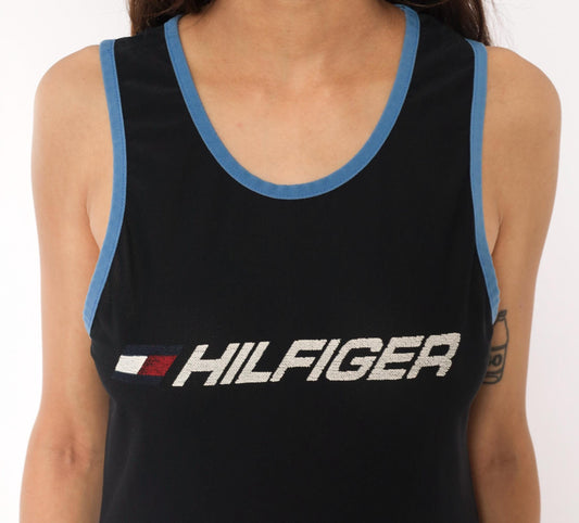 Tommy Hilfiger Y2K Black Mesh Tank Top Blue Trim Logo Small S